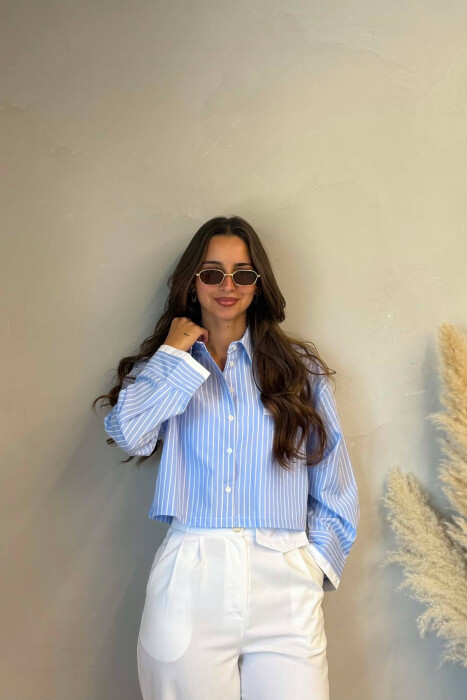 STRIPE DESIGN CROPPED WOMEN SHIRT LIGHTBLUE/BZ - KLAUDIO FASHION