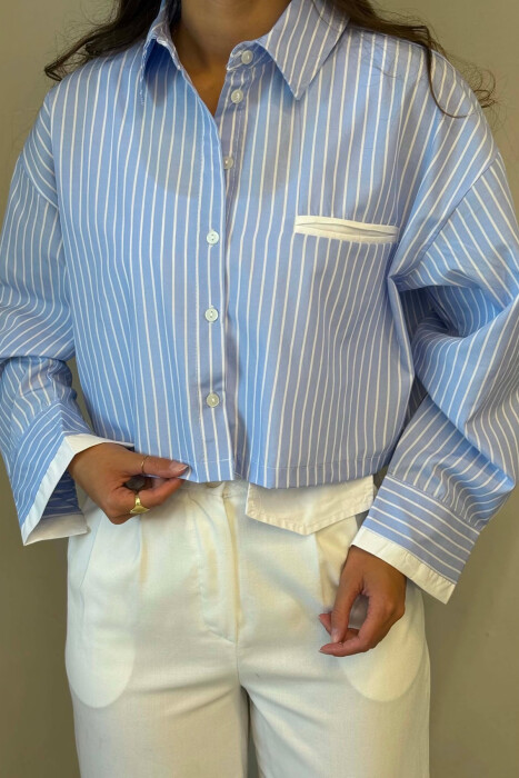 STRIPE DESIGN CROPPED WOMEN SHIRT LIGHTBLUE/BZ - 2