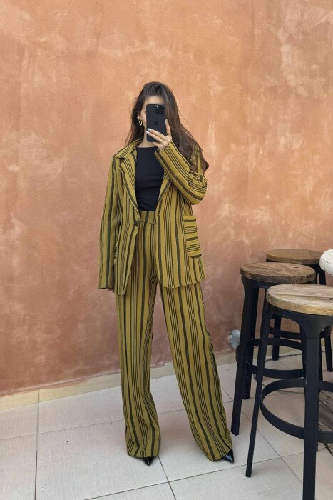 STRIPE DESIGN JACKET+TROUSERS WOMEN SET LIGHT GREEN/JEZB - KLAUDIO FASHION