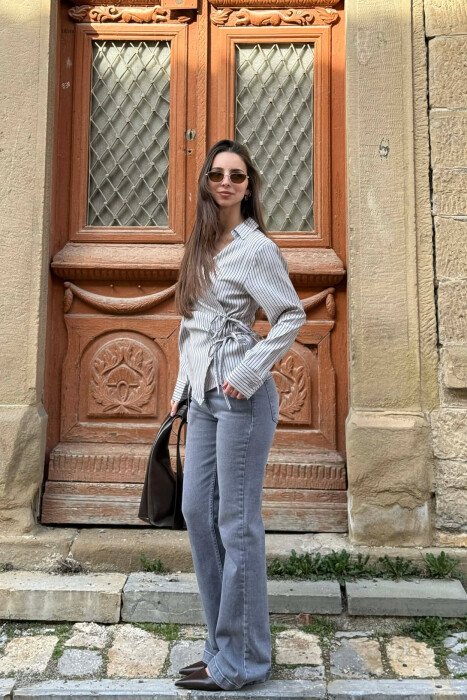 STRIPE DESIGN LACING DETAIL WOMAN SHIRT GREY/GRI - 3