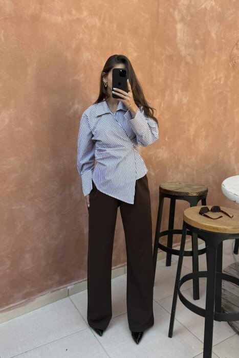 STRIPE DESIGN LACING WOMEN SHIRT BROWN/KAFE - 2