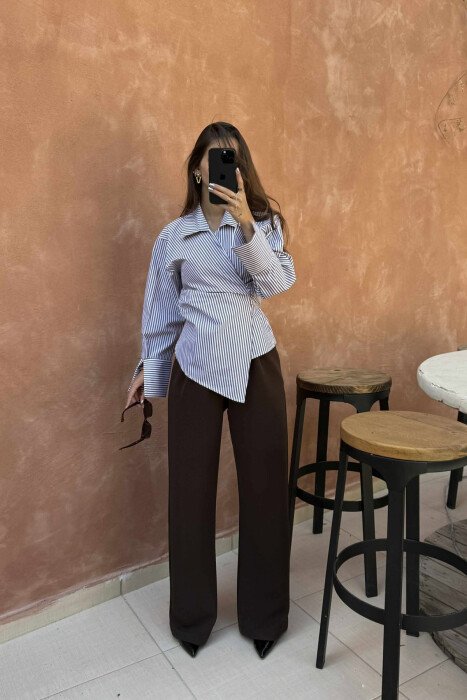 STRIPE DESIGN LACING WOMEN SHIRT BROWN/KAFE - 3