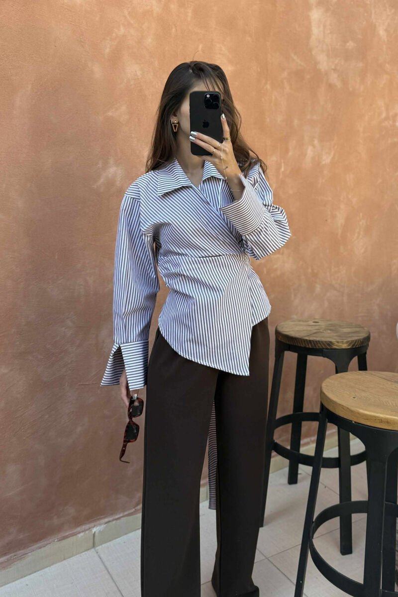 STRIPE DESIGN LACING WOMEN SHIRT BROWN/KAFE - 4