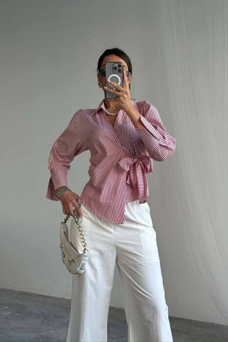 STRIPE DESIGN LACING WOMEN SHIRT RED/E KUQE - 1