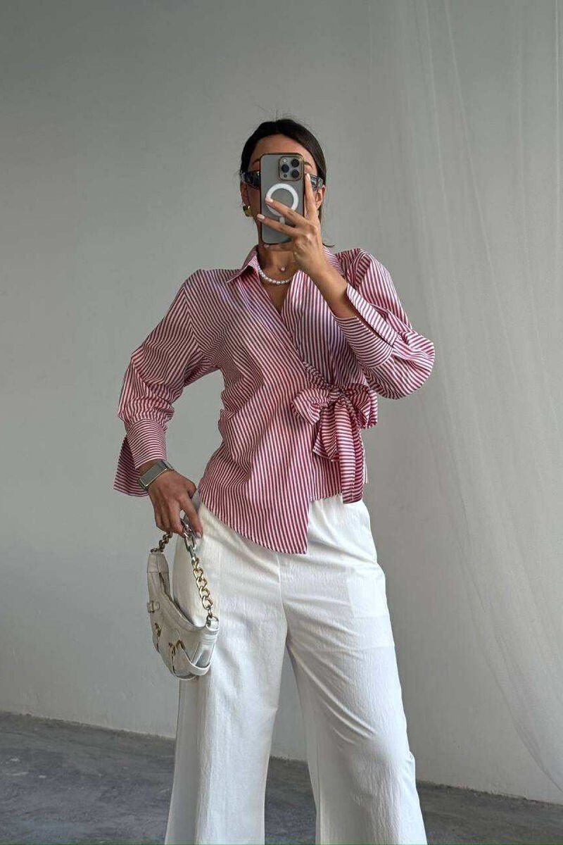 STRIPE DESIGN LACING WOMEN SHIRT RED/E KUQE - 1