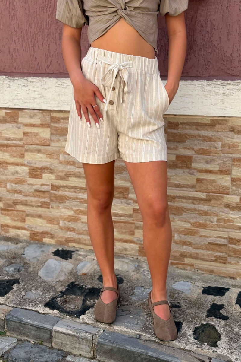 STRIPE DESIGN LACING WOMEN SHORTS CREAM/KREM - 2