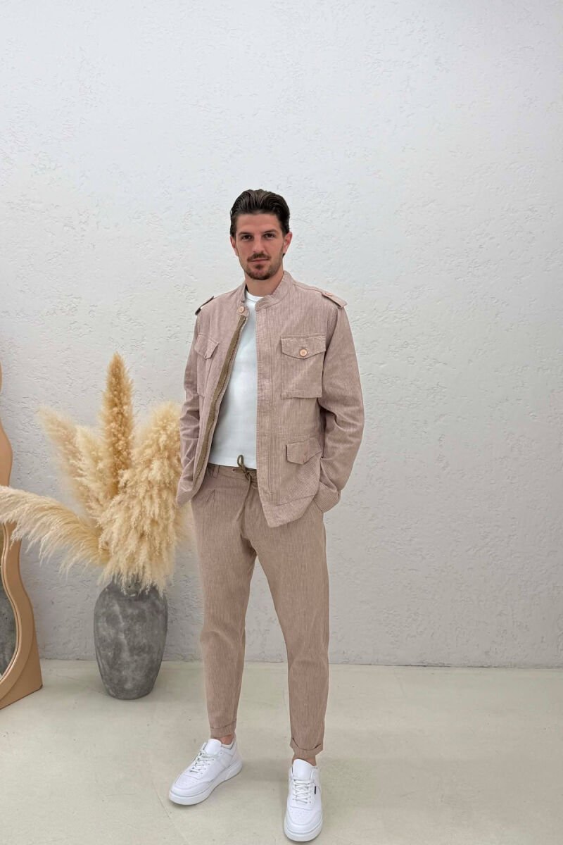 STRIPE DESIGN LIGHT JACKET+TROUSERS MEN SET BEIGE/BEZHE - 1