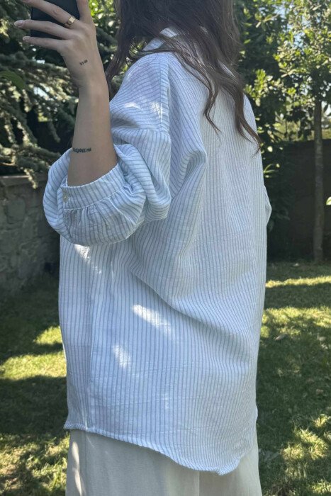 STRIPE DESIGN LINEN BLEND WOMEN SHIRT LIGHTBLUE/BZ - 12
