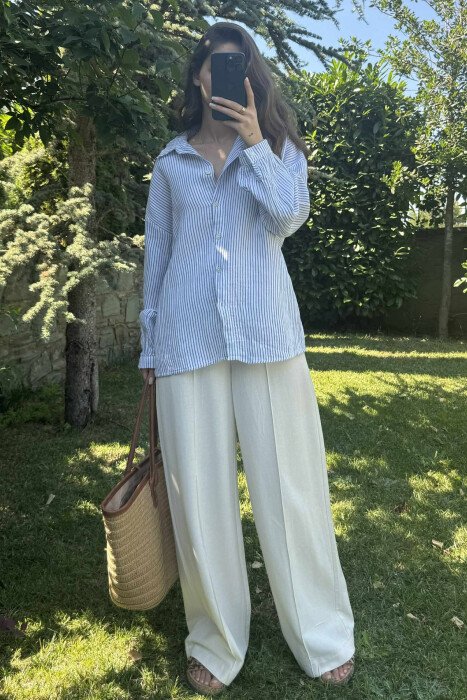 STRIPE DESIGN LINEN BLEND WOMEN SHIRT LIGHTBLUE/BZ - 9