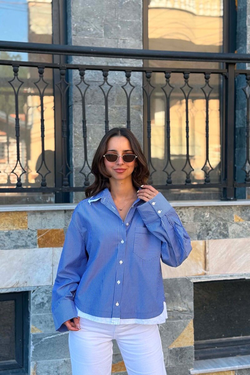 STRIPE DESIGN LONG SLEEVE WOMEN SHIRT BLUE/BLU - 1