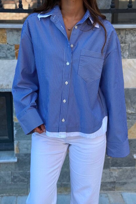 STRIPE DESIGN LONG SLEEVE WOMEN SHIRT BLUE/BLU - 4