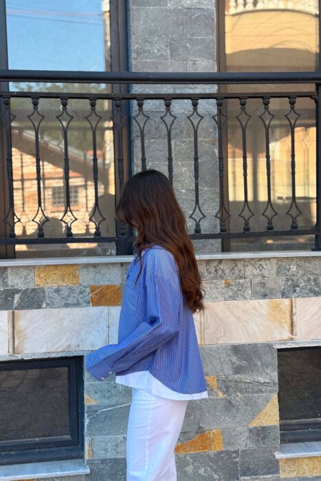 STRIPE DESIGN LONG SLEEVE WOMEN SHIRT BLUE/BLU - 5