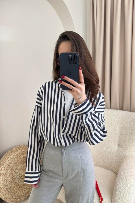 STRIPE DESIGN LONG SLEEVE WOMEN SHIRT BLUE/BLU - 5