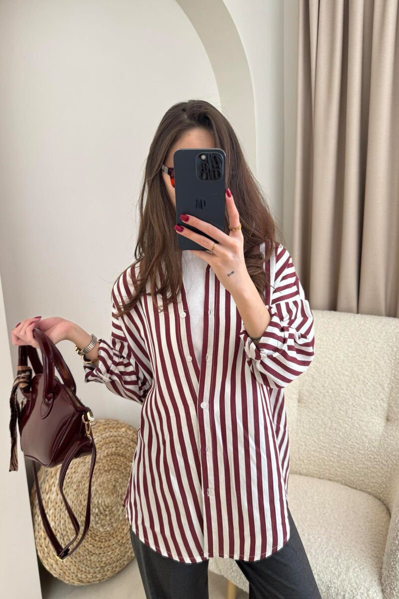 STRIPE DESIGN LONG SLEEVE WOMEN SHIRT BURGUNDY/VISHNJE - 1