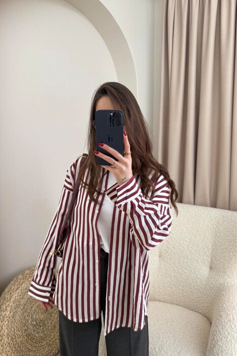 STRIPE DESIGN LONG SLEEVE WOMEN SHIRT BURGUNDY/VISHNJE - 2