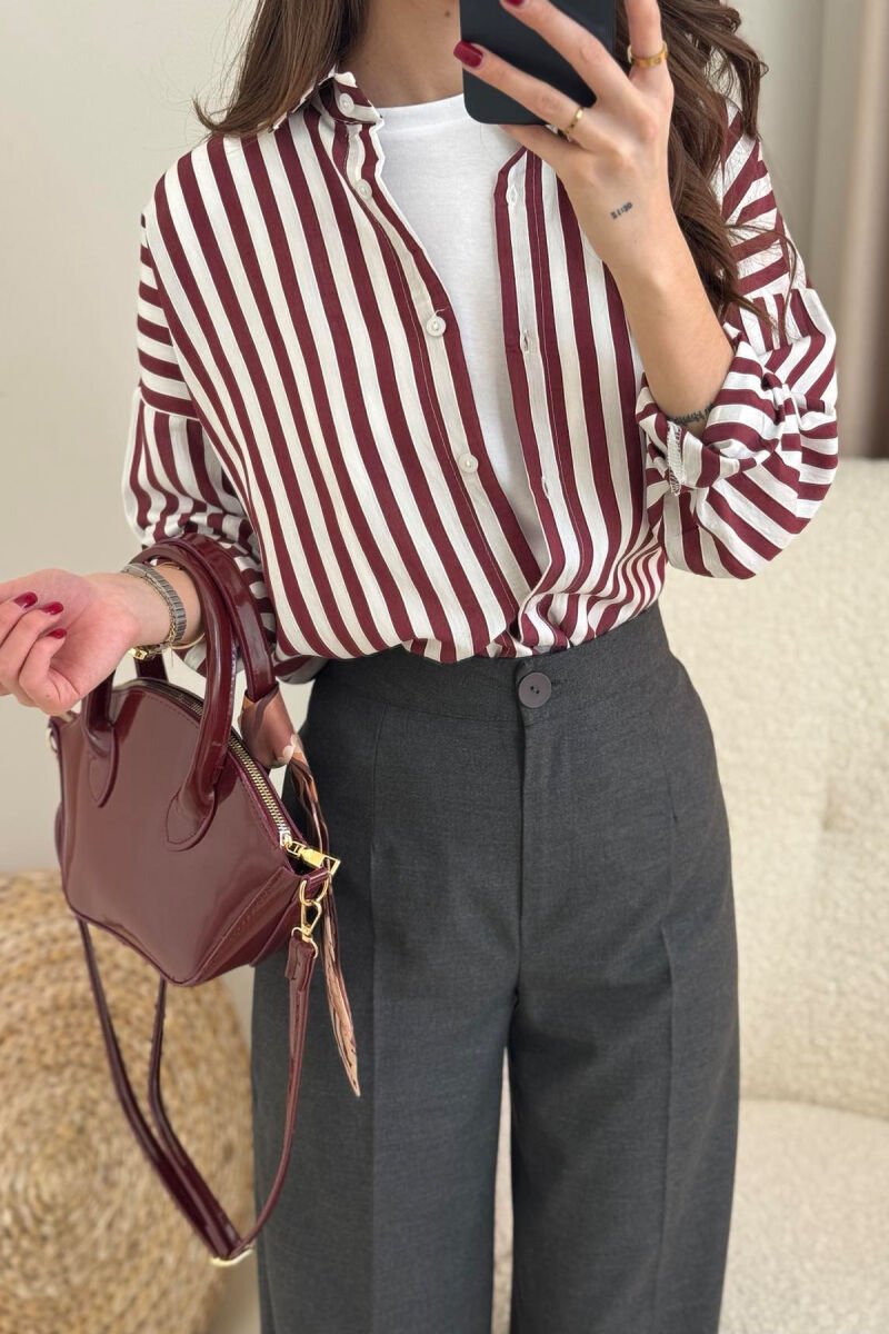 STRIPE DESIGN LONG SLEEVE WOMEN SHIRT BURGUNDY/VISHNJE - 3