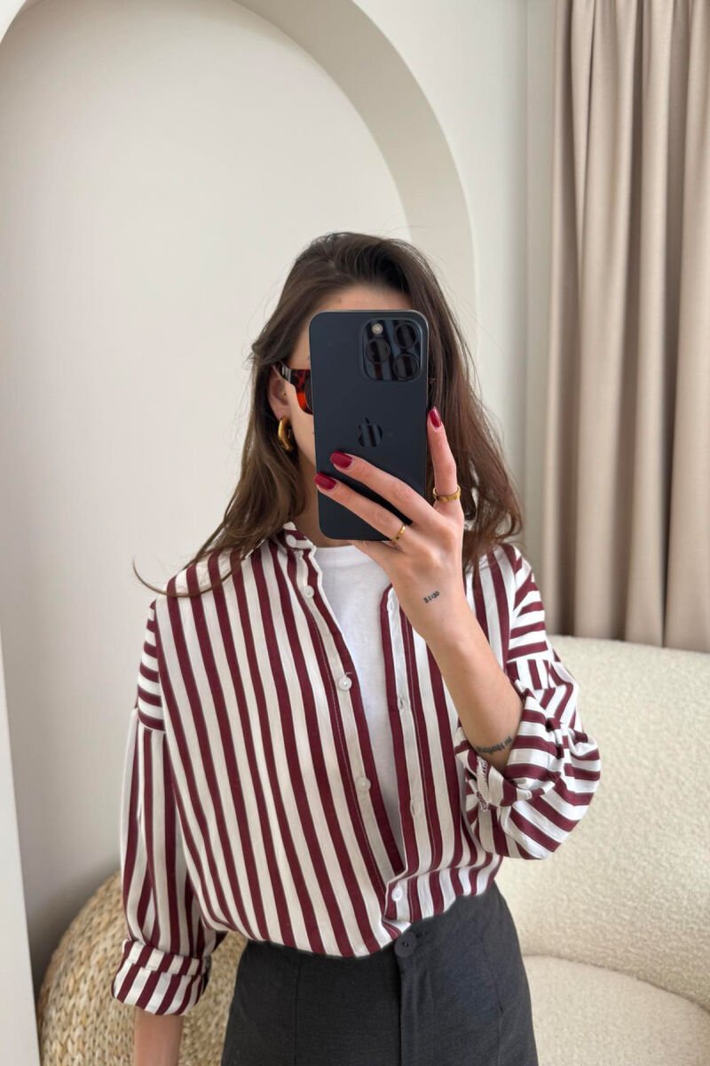 STRIPE DESIGN LONG SLEEVE WOMEN SHIRT BURGUNDY/VISHNJE - 4