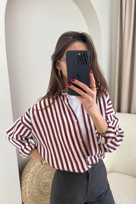 STRIPE DESIGN LONG SLEEVE WOMEN SHIRT BURGUNDY/VISHNJE - 5