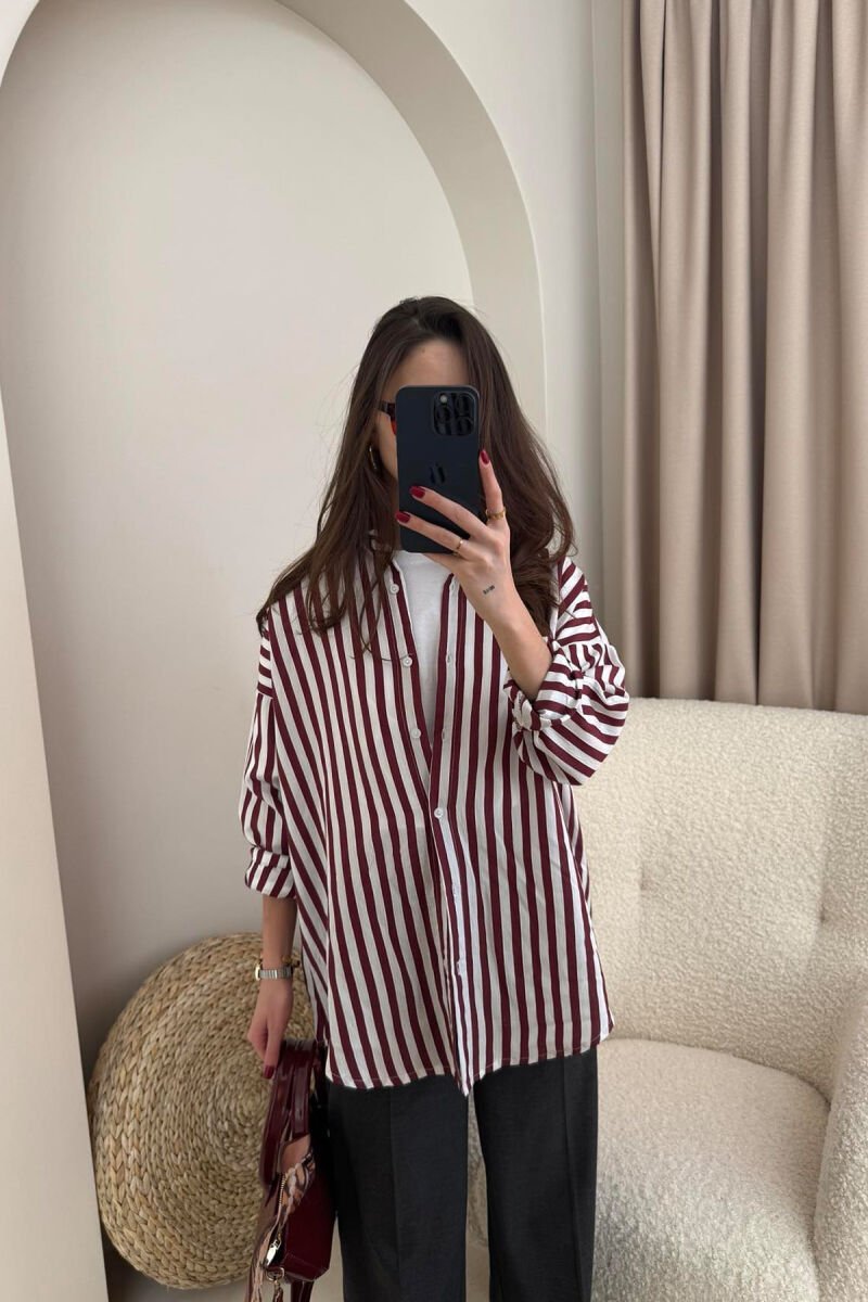 STRIPE DESIGN LONG SLEEVE WOMEN SHIRT BURGUNDY/VISHNJE - 6