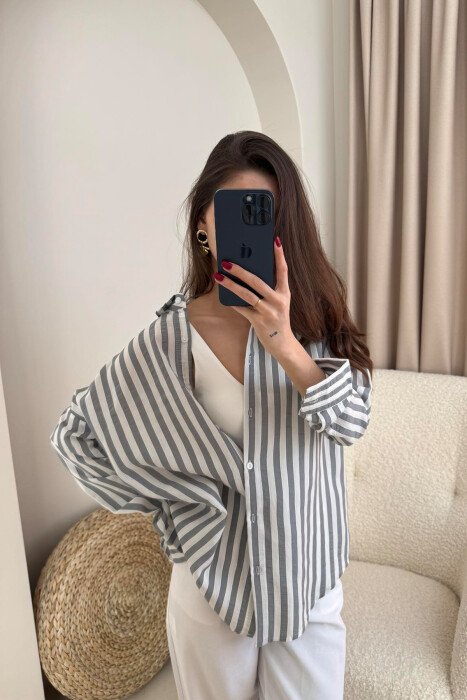 STRIPE DESIGN LONG SLEEVE WOMEN SHIRT GREY/GRI - 1