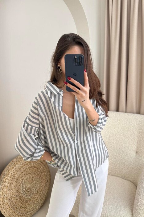 STRIPE DESIGN LONG SLEEVE WOMEN SHIRT GREY/GRI - 3