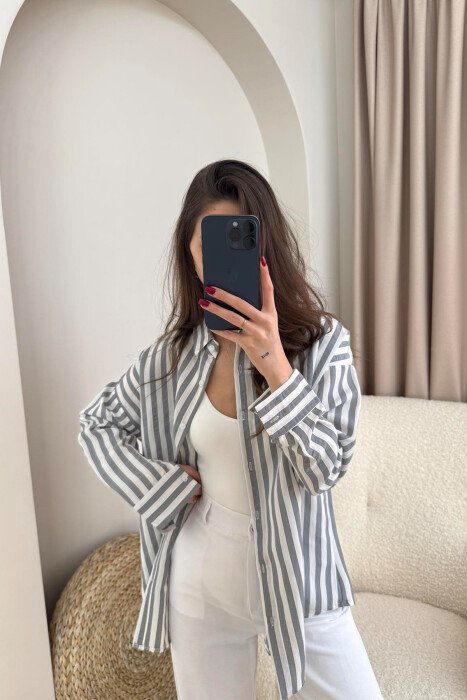 STRIPE DESIGN LONG SLEEVE WOMEN SHIRT GREY/GRI - 4