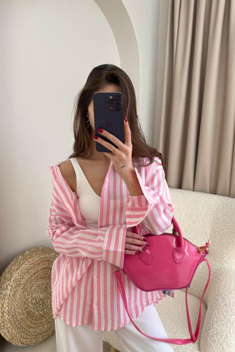 STRIPE DESIGN LONG SLEEVE WOMEN SHIRT PINK/ROZE - 2