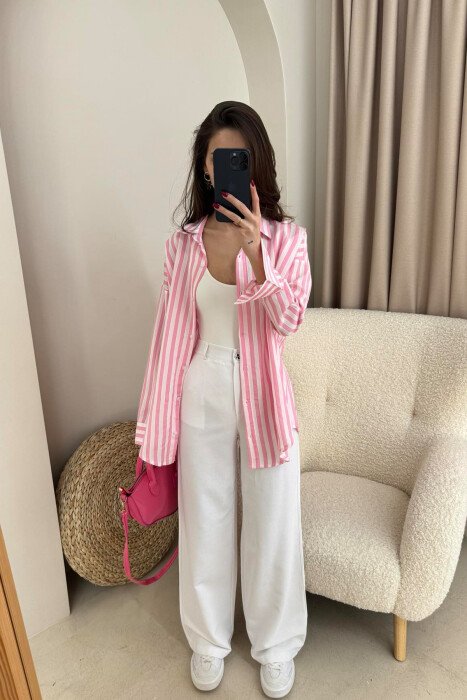 STRIPE DESIGN LONG SLEEVE WOMEN SHIRT PINK/ROZE - 4