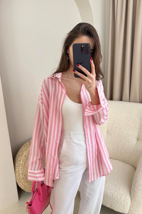 STRIPE DESIGN LONG SLEEVE WOMEN SHIRT PINK/ROZE - 5