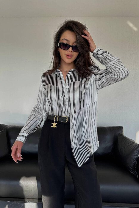 STRIPE DESIGN LONG SLEEVE WOMEN SHIRT WHITE-BLACK/BAZE - KLAUDIO FASHION