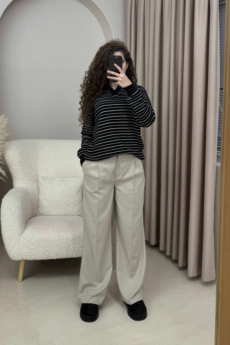 STRIPE DESIGN POLO NECK WOMEN SWEATER BLACK/ E ZEZE - 1