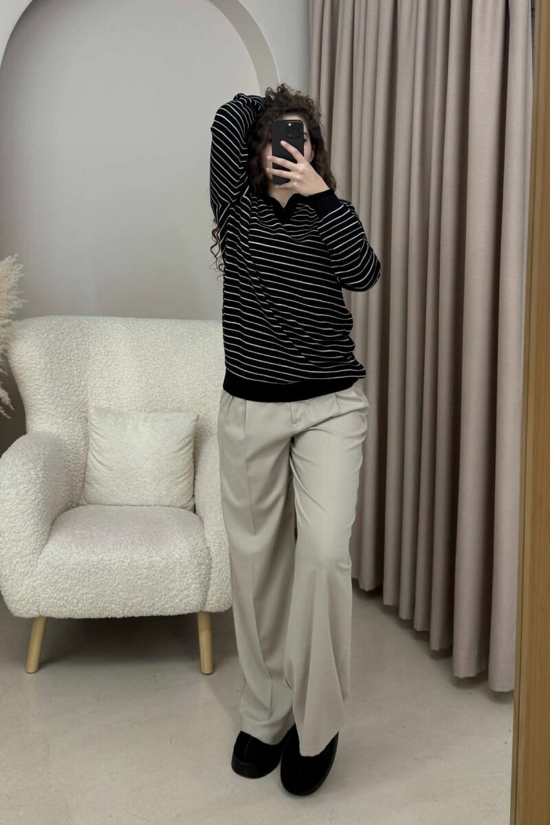 STRIPE DESIGN POLO NECK WOMEN SWEATER BLACK/ E ZEZE - 3