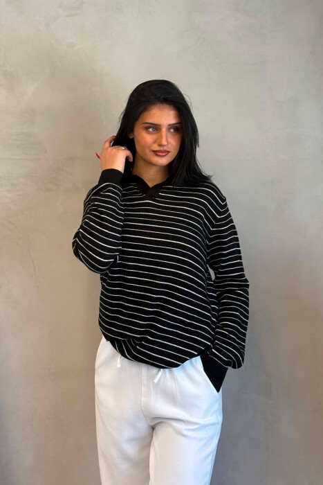 STRIPE DESIGN POLO NECK WOMEN SWEATER BLACK/ E ZEZE - 2