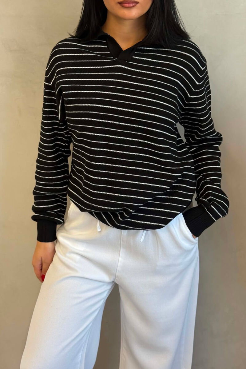 STRIPE DESIGN POLO NECK WOMEN SWEATER BLACK/ E ZEZE - 4