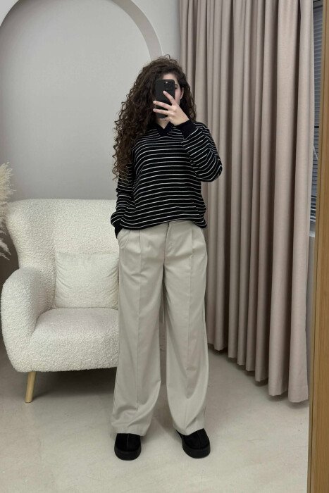STRIPE DESIGN POLO NECK WOMEN SWEATER BLACK/ E ZEZE - KLAUDIO FASHION
