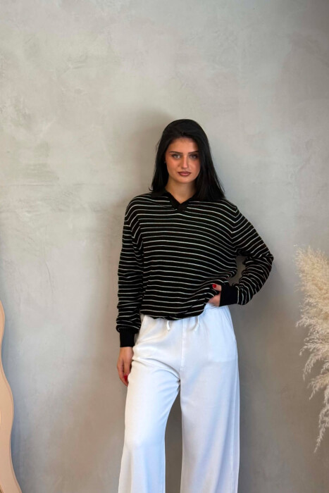 STRIPE DESIGN POLO NECK WOMEN SWEATER BLACK/ E ZEZE 