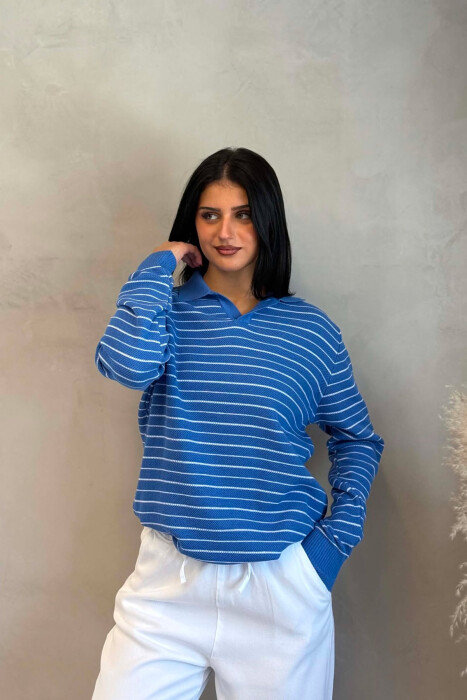 STRIPE DESIGN POLO NECK WOMEN SWEATER BLUE/BLU 