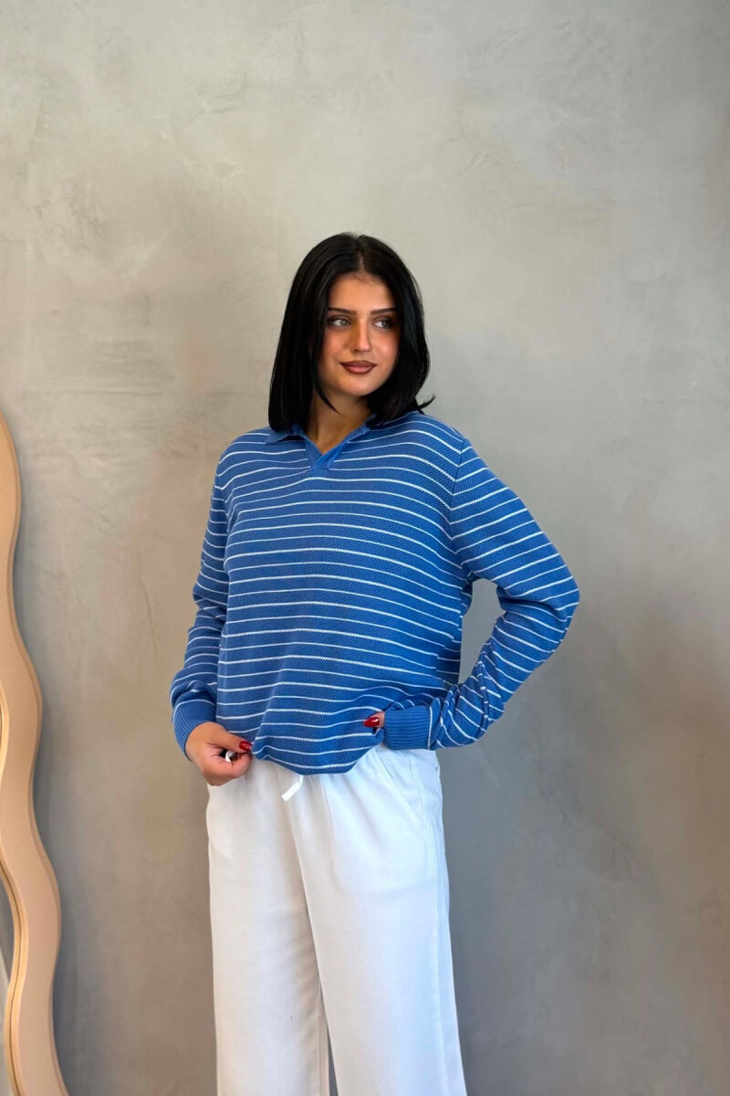 STRIPE DESIGN POLO NECK WOMEN SWEATER BLUE/BLU - 2