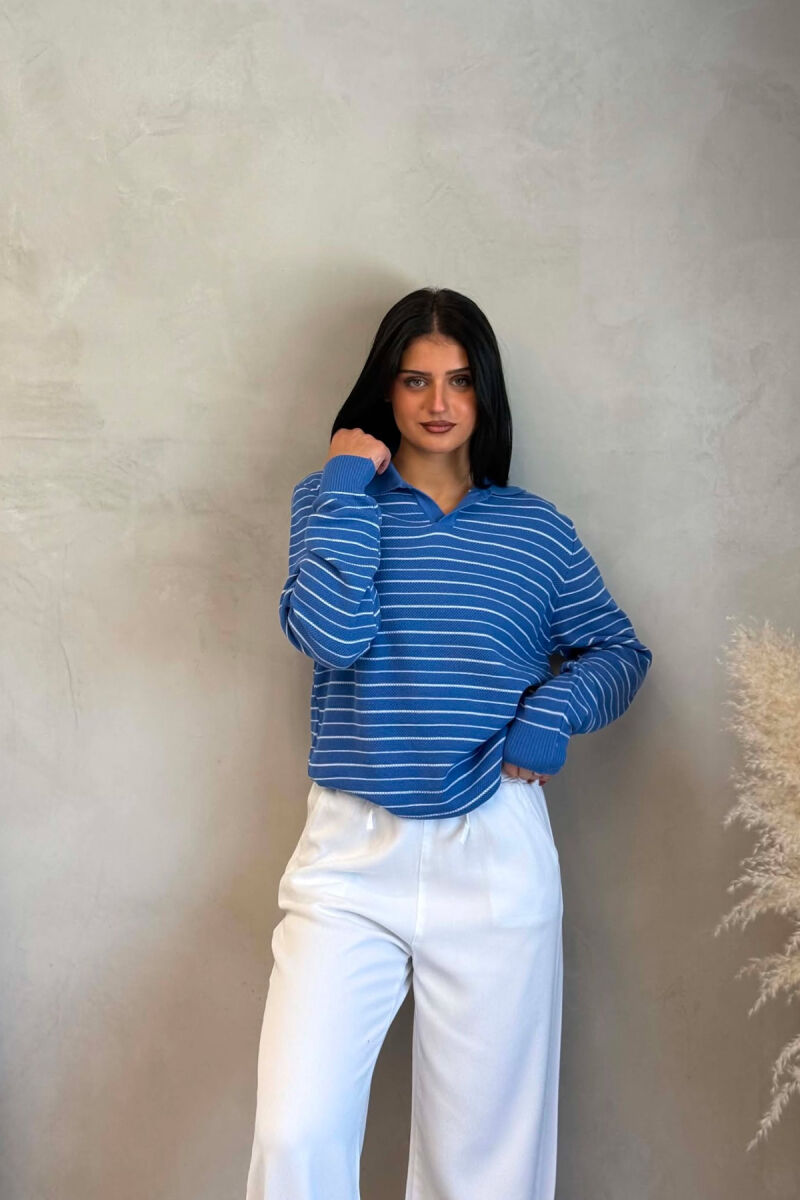 STRIPE DESIGN POLO NECK WOMEN SWEATER BLUE/BLU - 3