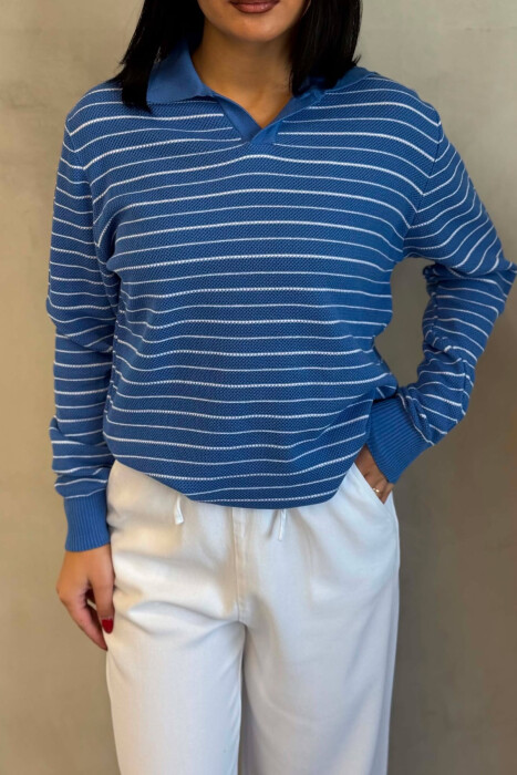 STRIPE DESIGN POLO NECK WOMEN SWEATER BLUE/BLU - 5