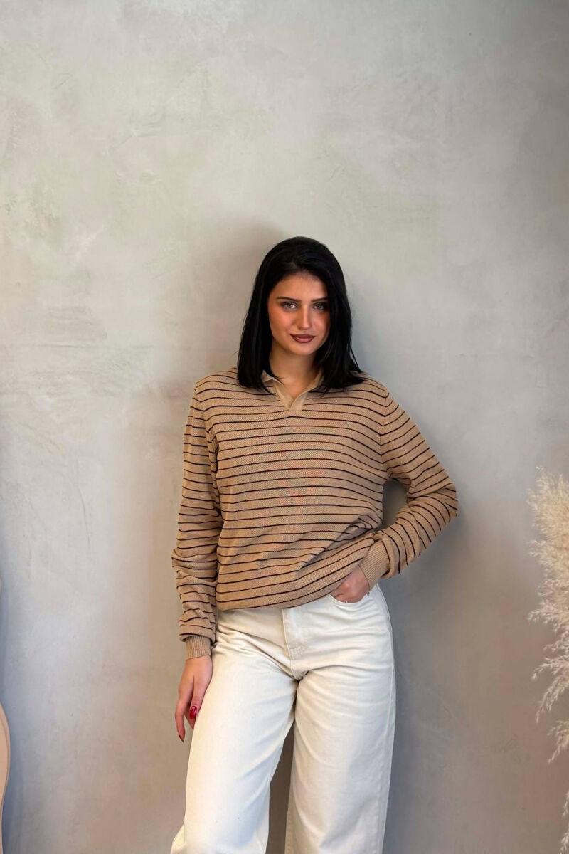 STRIPE DESIGN POLO NECK WOMEN SWEATER BEIGE/BEZHE - 1