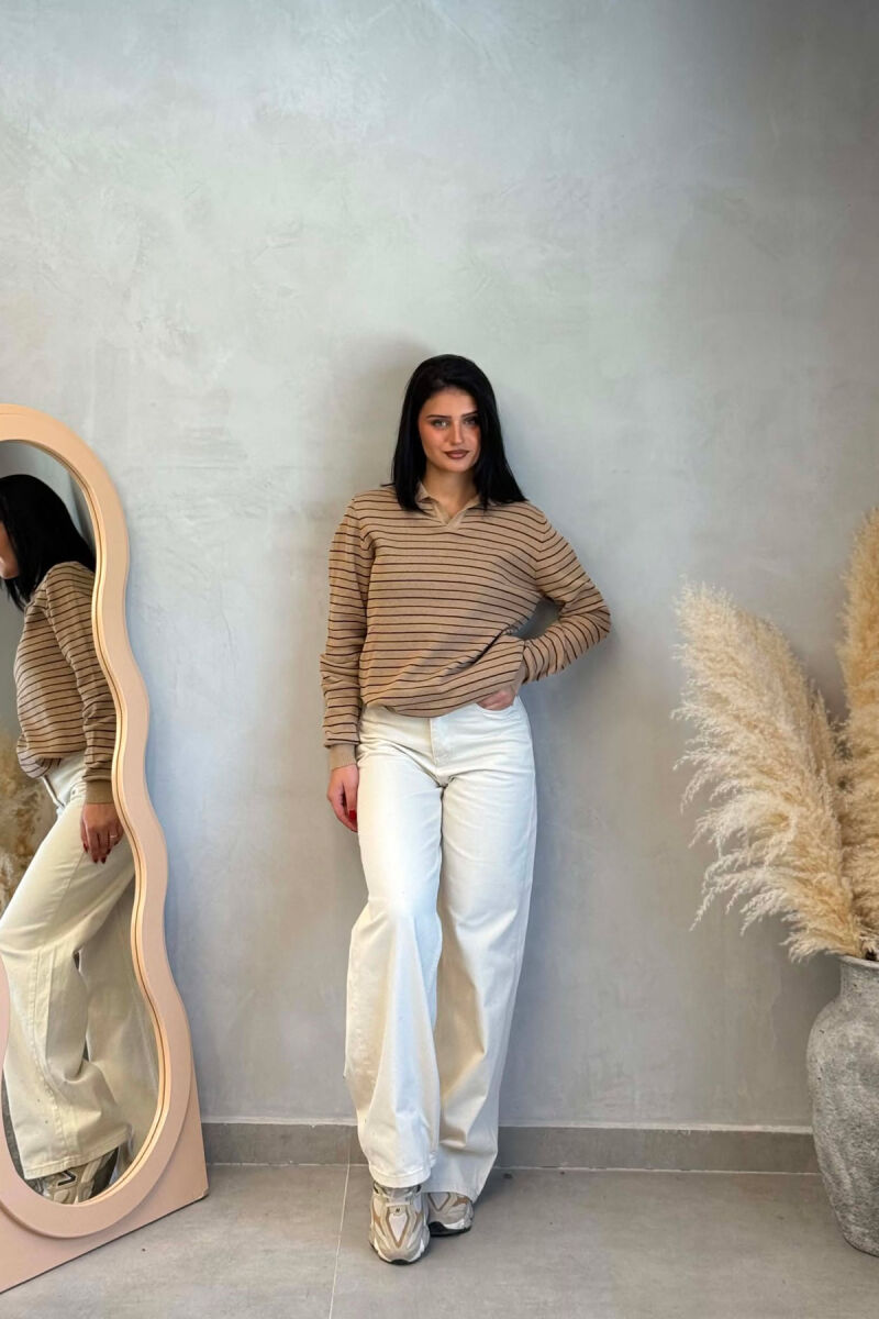 STRIPE DESIGN POLO NECK WOMEN SWEATER BEIGE/BEZHE - 3