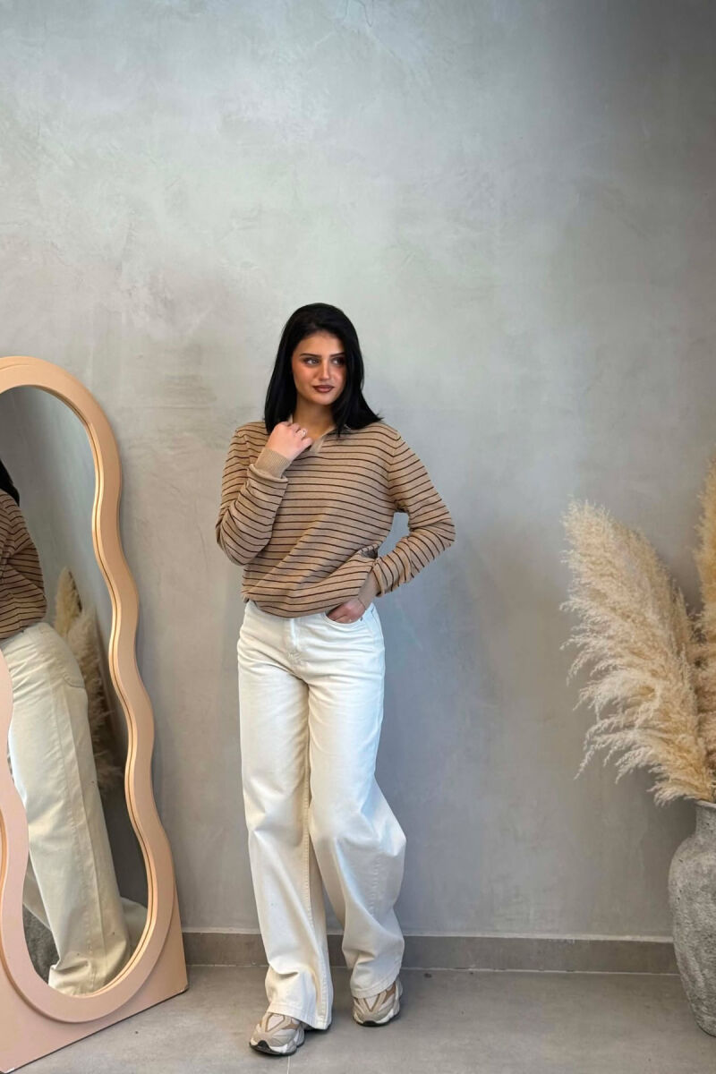 STRIPE DESIGN POLO NECK WOMEN SWEATER BEIGE/BEZHE - 5