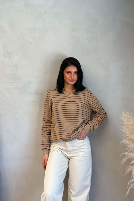 STRIPE DESIGN POLO NECK WOMEN SWEATER BEIGE/BEZHE - 6