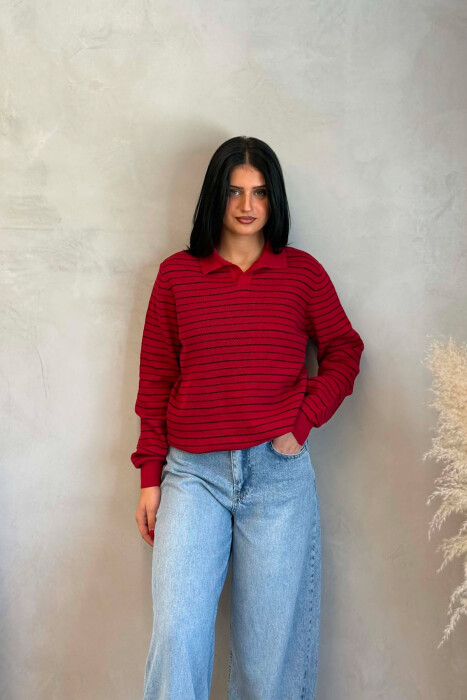 STRIPE DESIGN POLO NECK WOMEN SWEATER BURGUNDY/VISHNJE - 1