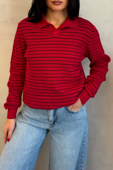 STRIPE DESIGN POLO NECK WOMEN SWEATER BURGUNDY/VISHNJE - 4