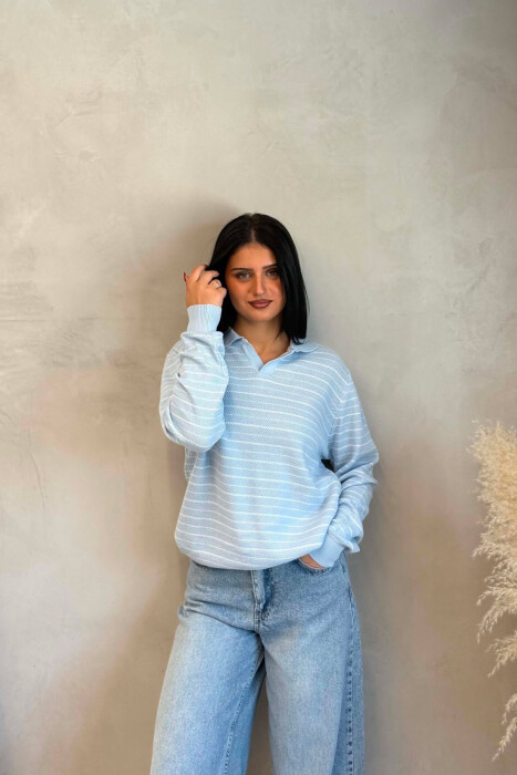 STRIPE DESIGN POLO NECK WOMEN SWEATER LIGHTBLUE/BZ 