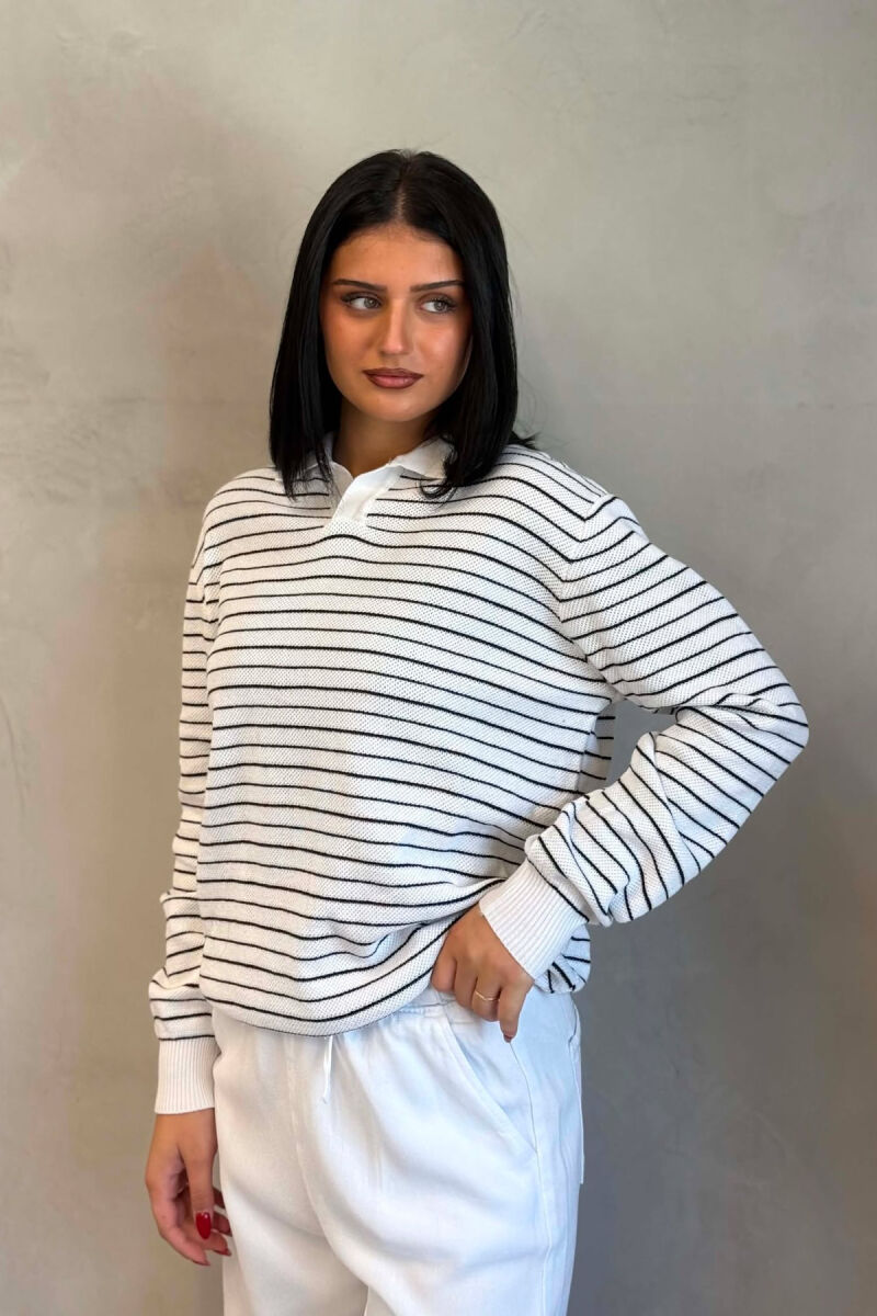 STRIPE DESIGN POLO NECK WOMEN SWEATER WHITE-E BARDHE - 3
