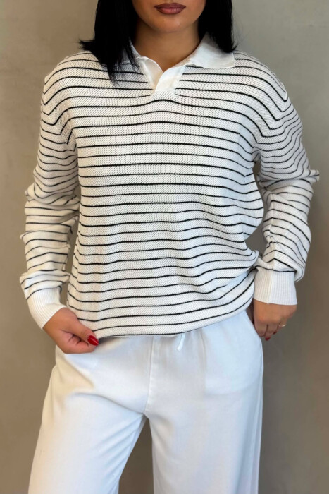STRIPE DESIGN POLO NECK WOMEN SWEATER WHITE-E BARDHE - 4