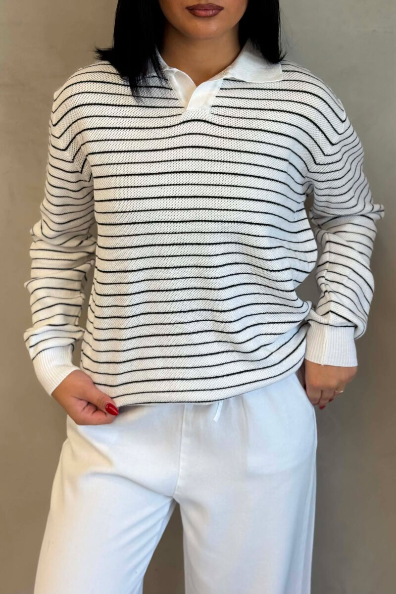 STRIPE DESIGN POLO NECK WOMEN SWEATER WHITE-E BARDHE - 4